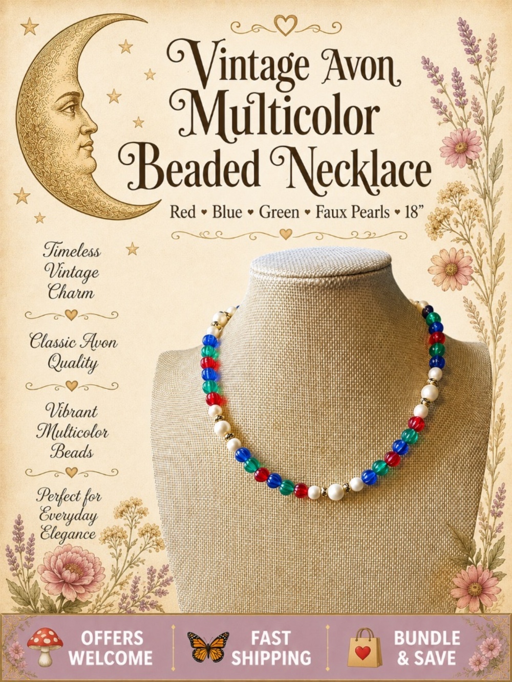 Vintage Avon Beaded Necklace Red Blue Green Beads Faux Pearls 18”